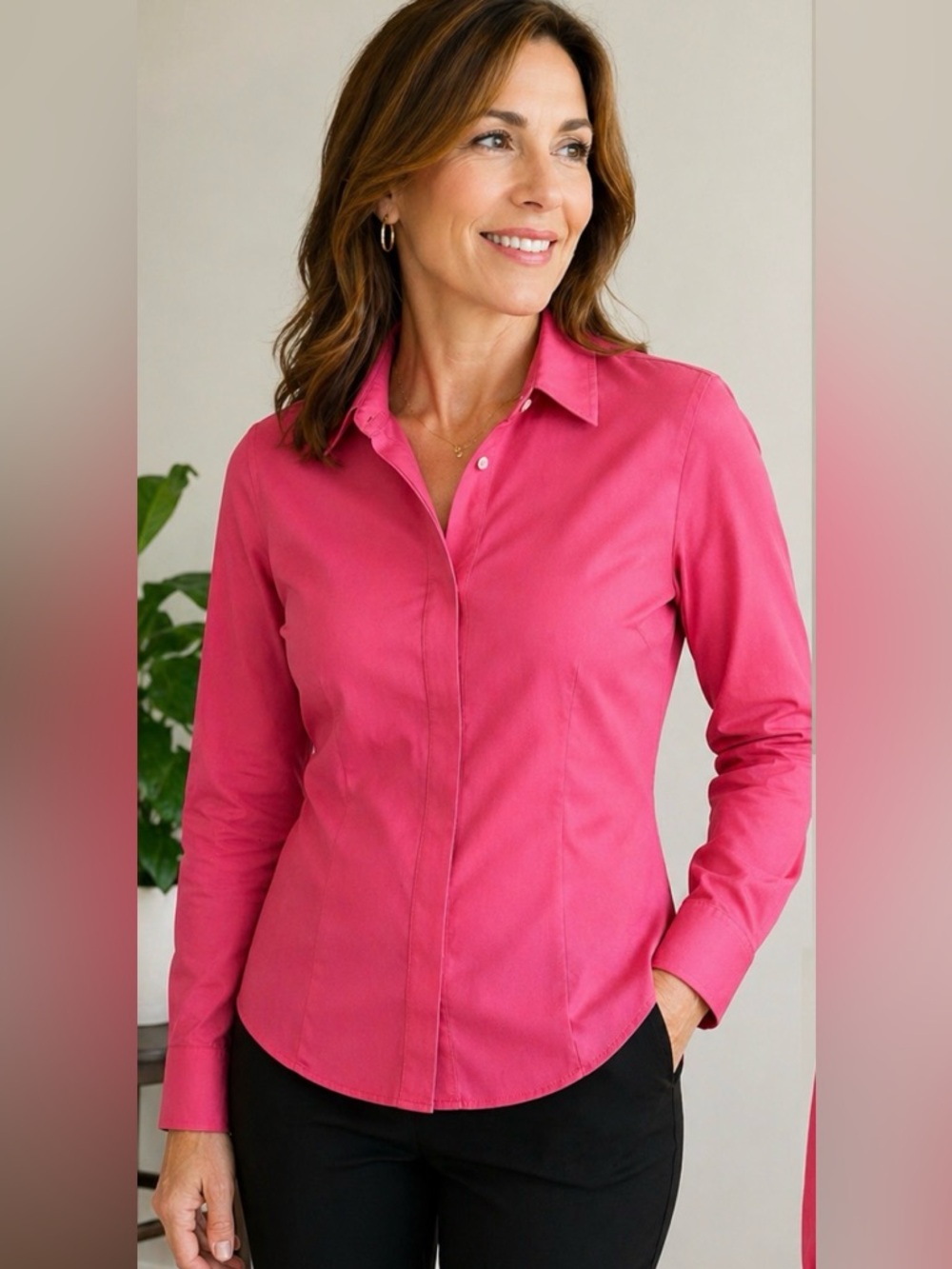 Talbots Petite 6P Button Front Blouse | Wrinkle Resistant Cotton Stretch Shirt